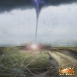 tornado over empty field with lightning strike