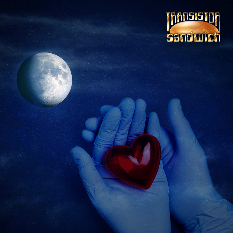 blue gloved hands holding a red heart in the moonlight