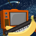 piano keyboard wedged between two bananas in front of a retro TV