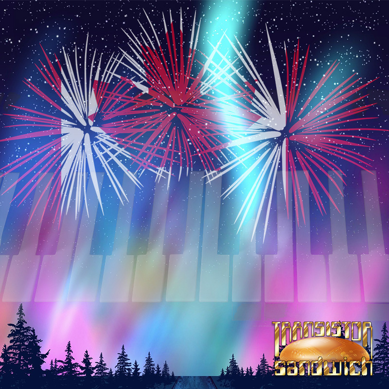 piano keys over aurora borealis with canada flag fireworks