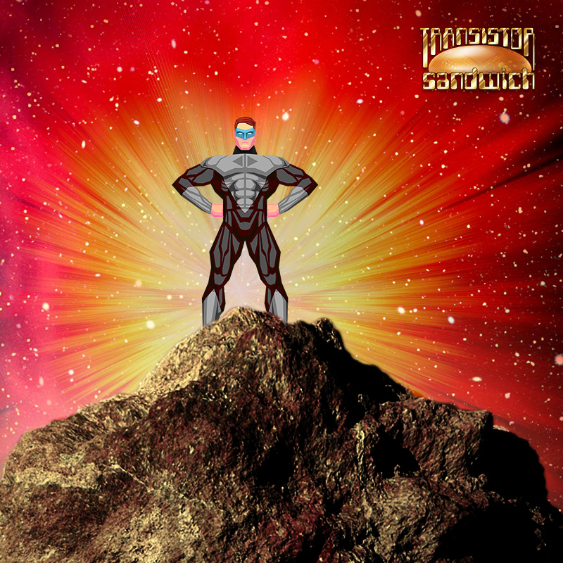 superhero man standing on a mountain peak