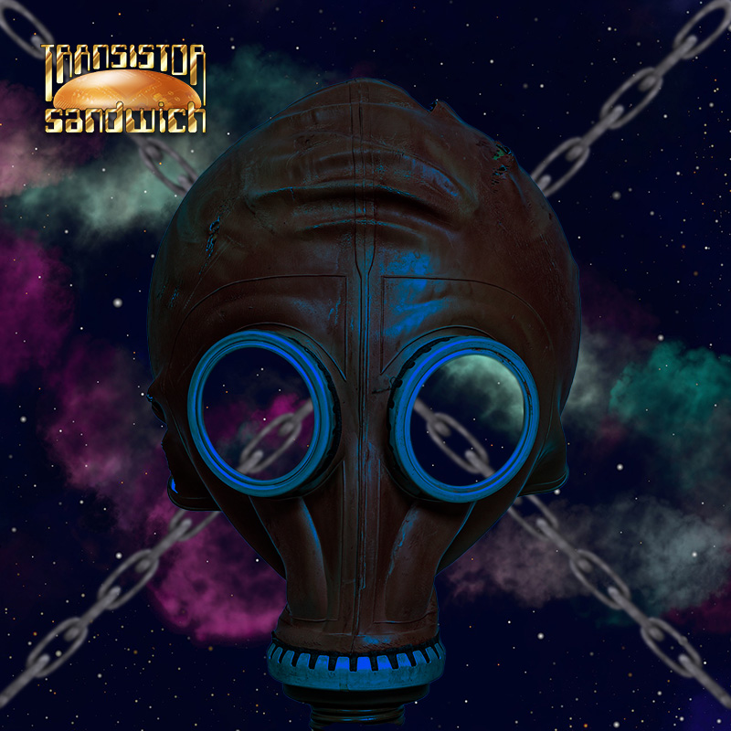 leather gas mask in front of crossed metal chains floating in space