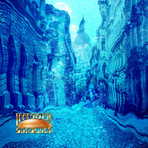 distorted underwater city with merman in the distance