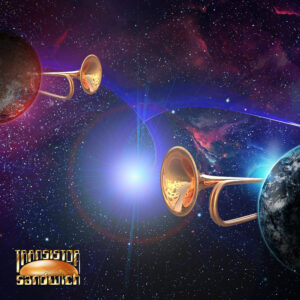 trumpets extruding from behind planets in space