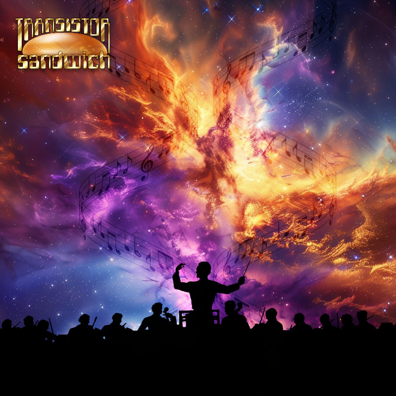 conductor and orchestra in silhouette against a space nebula backgrond