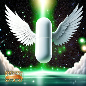 A white pill with wings floating in space
