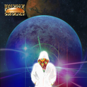 a faceless person wearing a white jacket with distant planets visible in background