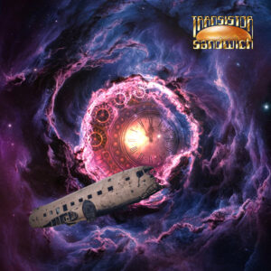 a decaying airplane floating in front of a nebula containing the shape of a clock