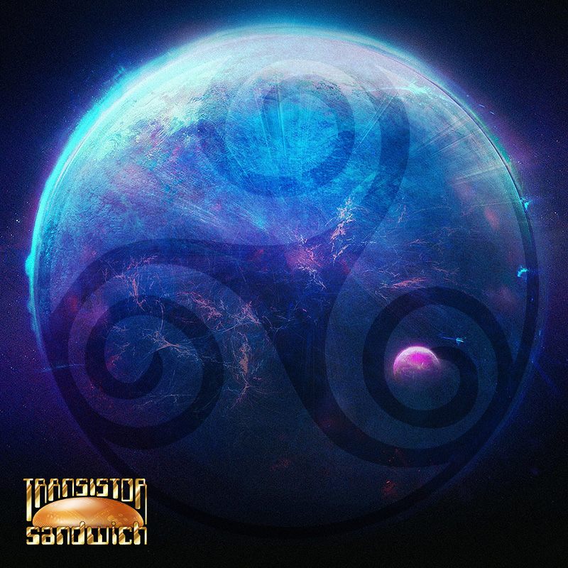 large planet and small moon with triskelion pattern in planet's atmosphere