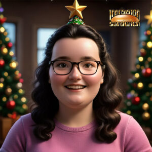 girl with glasses in front of two christmas trees