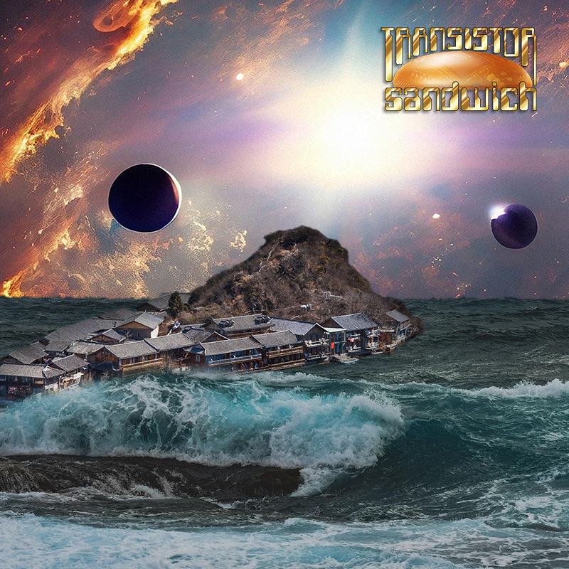 island village in a stormy sea against a nebula background with two moons