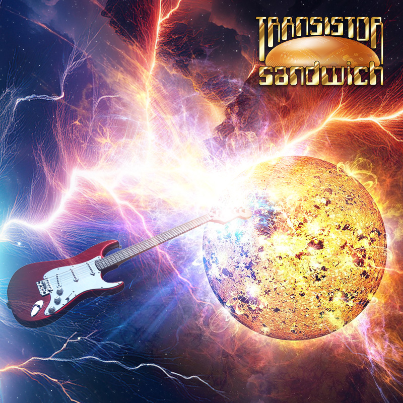 electric guitar surrounded by lightning bolts next to a celestial body in space