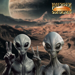 two grey aliens giving the peace sign standing on an alien world