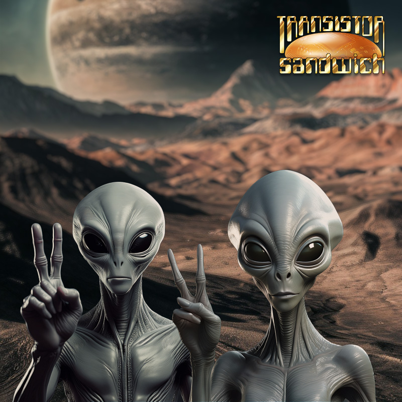 two grey aliens giving the peace sign standing on an alien world