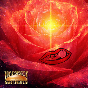 lips and tongue against a flower-shaped space nebula background