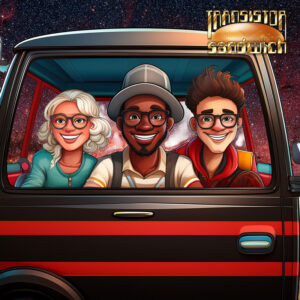 three nerds in a black and red van