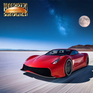 futuristic red car racing under a desert moon