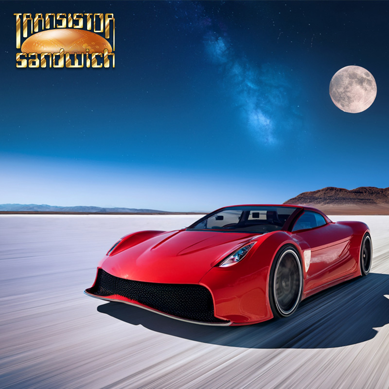 futuristic red car racing under a desert moon