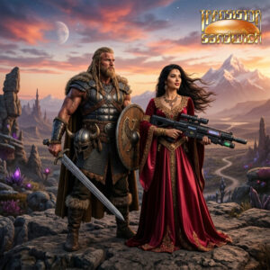 a warrior with a sword next to his queen holding a laser rifle