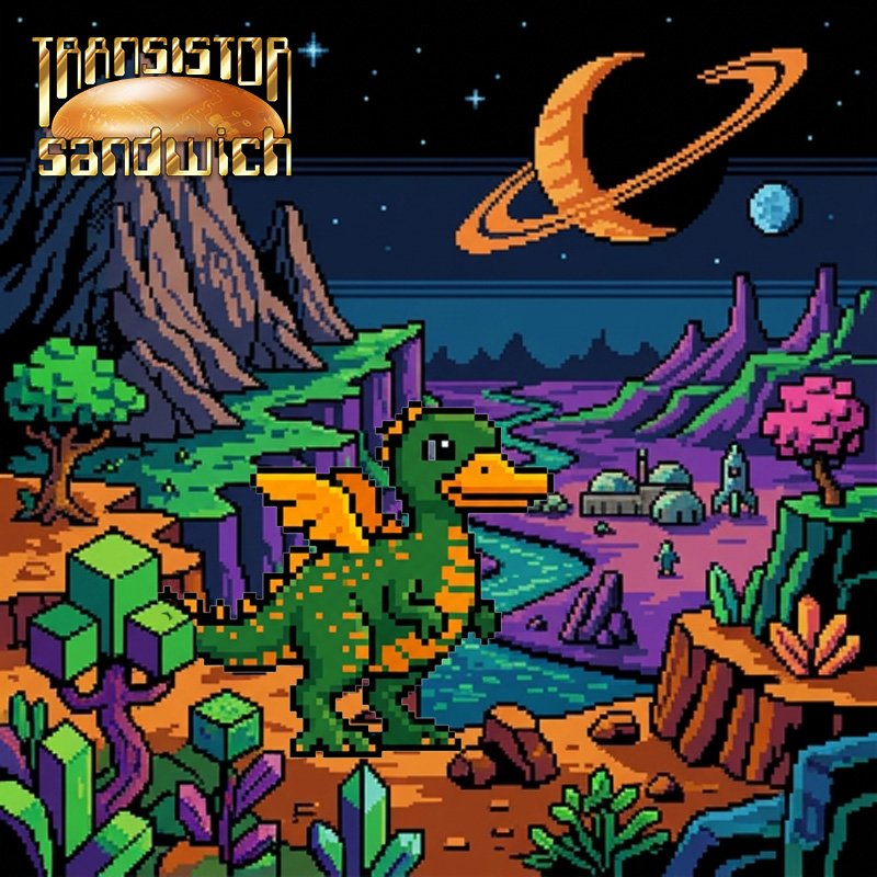 pixelated art of a dyno-duck on an alien planet
