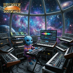 little blue alien surrounded by keyboards