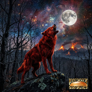 a red-furred wolf baying at the moon