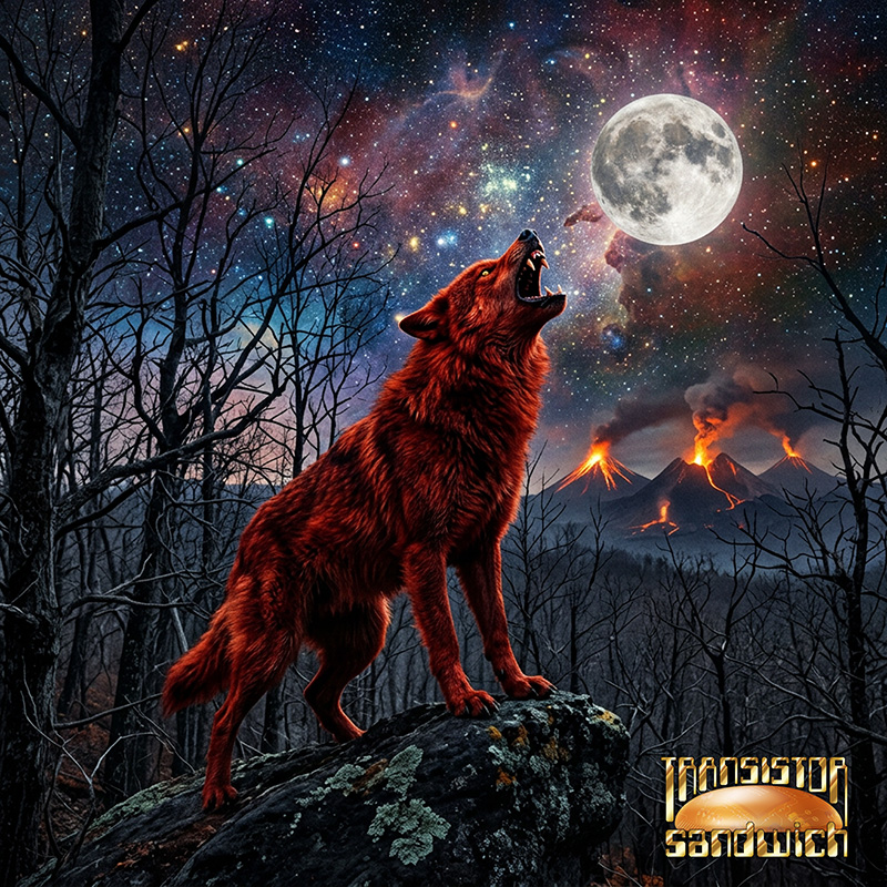 a red-furred wolf baying at the moon